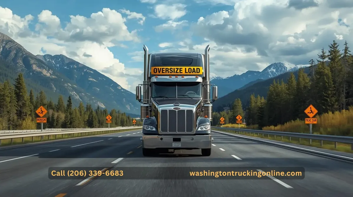 A modern semi-truck carrying an oversized load on a scenic Washington highway.