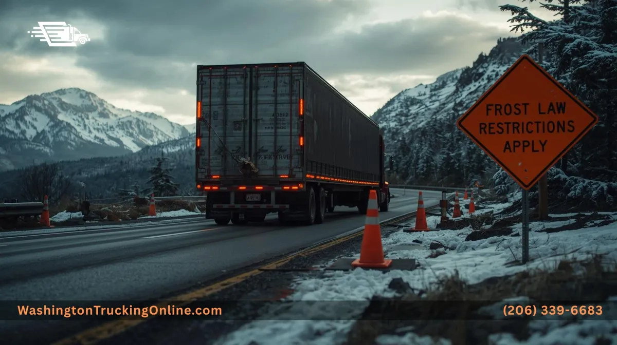 Oversize truck on Washington mountain road Washington Trucking Online with Frost Law sign showing