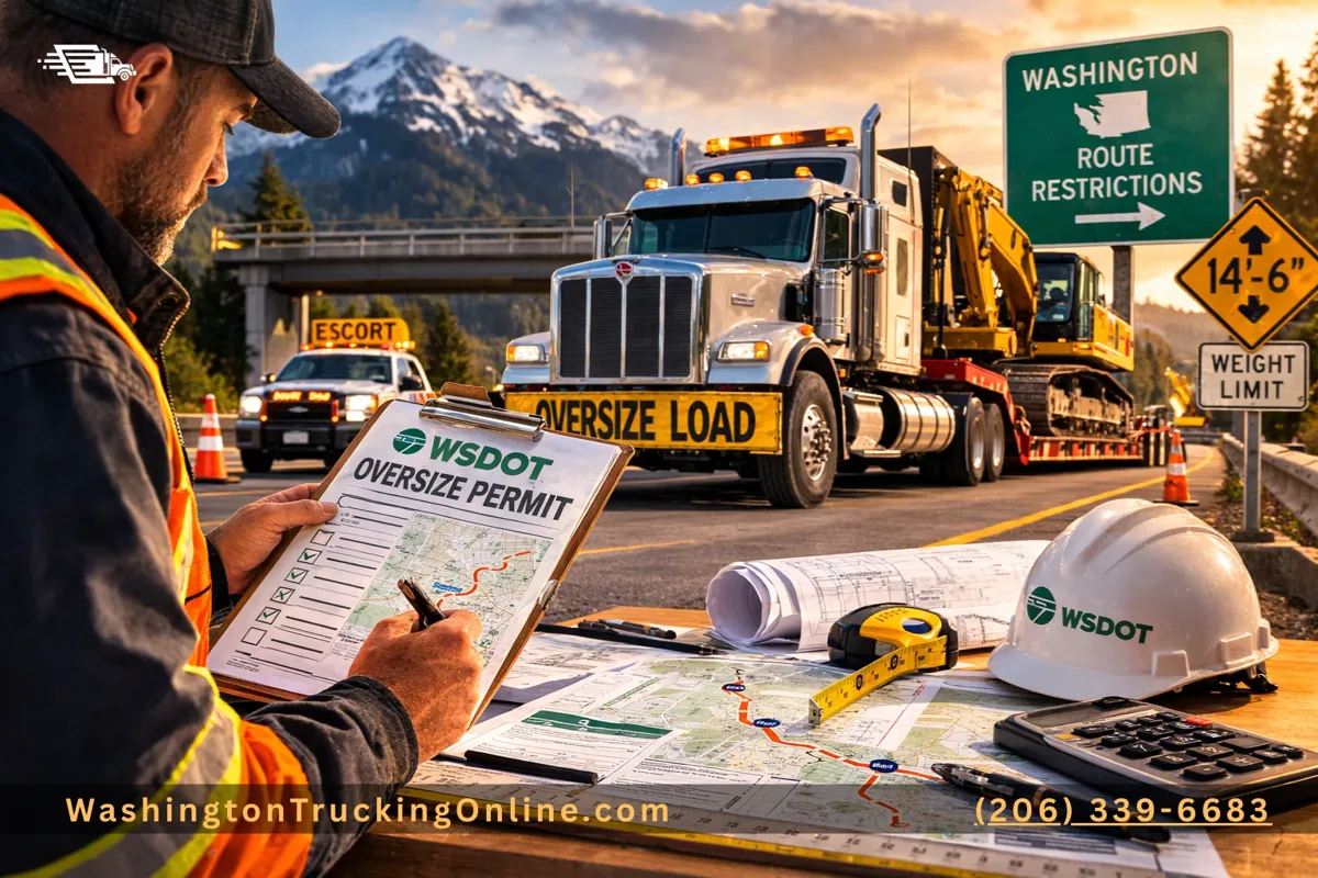 Truck driver reviewing a WSDOT oversize permit next to an oversize load truck.