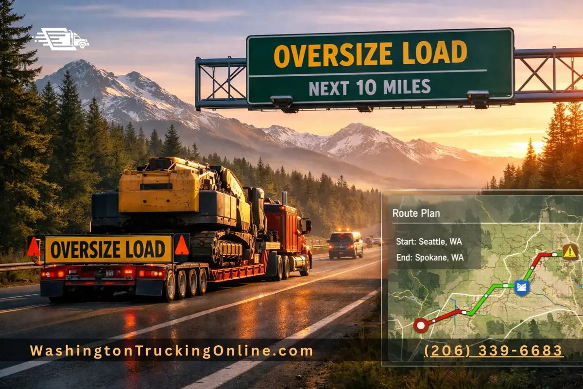 Oversize load truck on a Washington highway with route planning overlay.