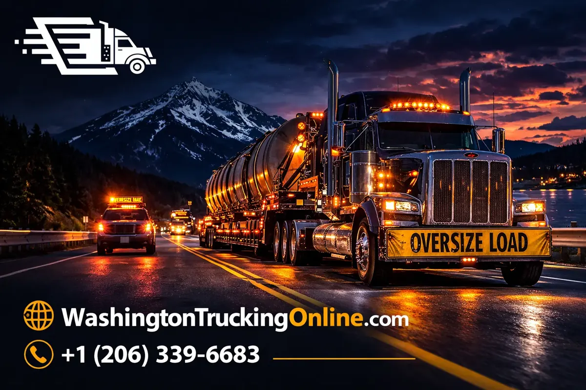 Oversize load truck at night with escort.