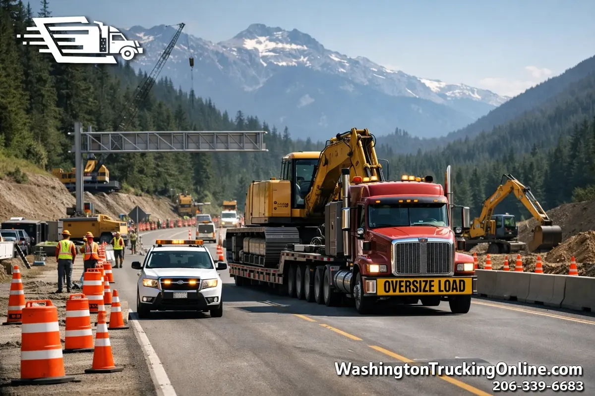 Oversize truck passing through Washington highway construction zone.