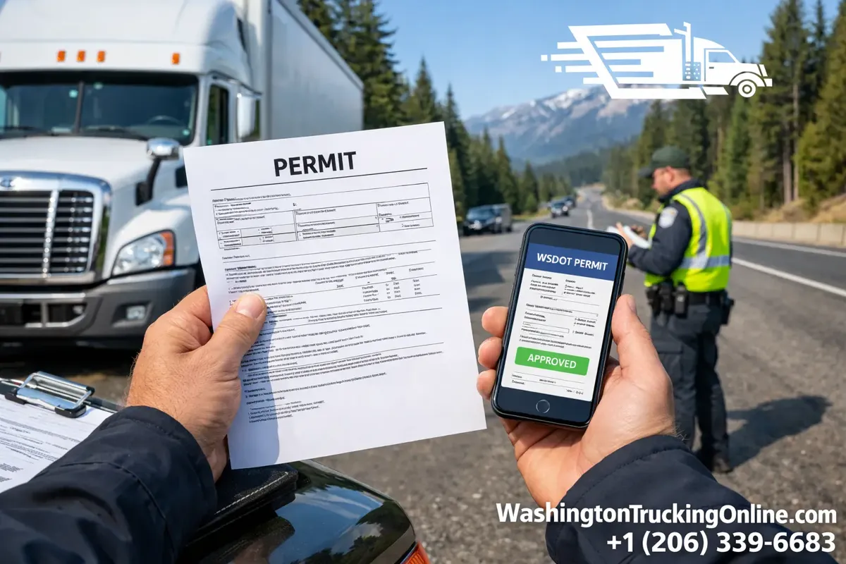 Driver showing paper and digital permits during inspection