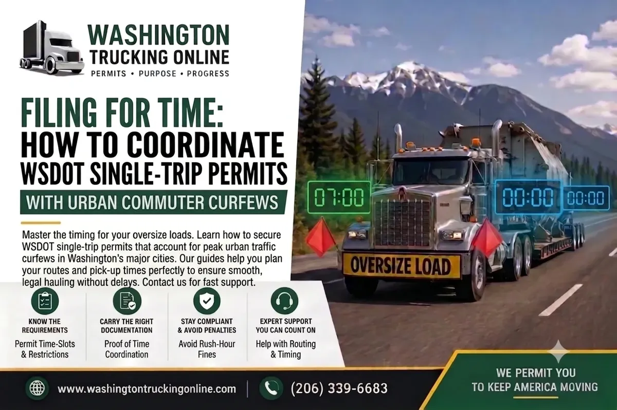 A flatbed carrier hauling an over-dimensional cargo load under an active WSDOT single-trip permit.
