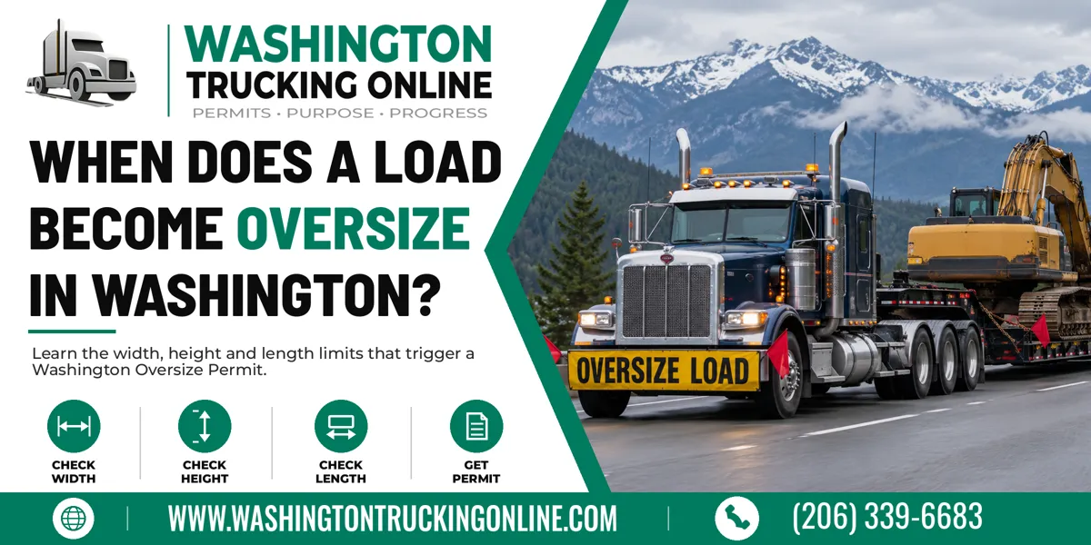 Semi truck hauling an oversize excavator on a Washington highway with an Oversize Load banner