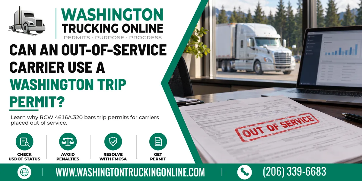 Trucking office desk with a laptop and an out-of-service permit document for a Washington carrier